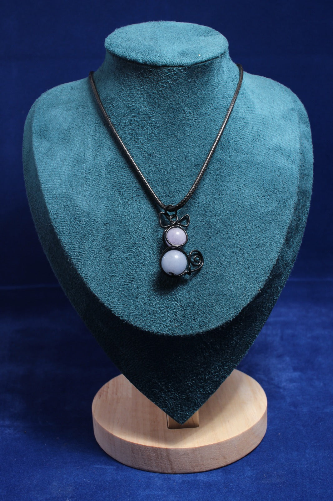 Aquamarine Gemstone Cat Pendant on Black Leather Cord