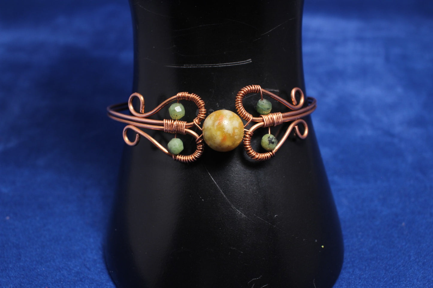 Serpentine Gemstone Bangle - 10mm Stone with Copper Wire 6.5"