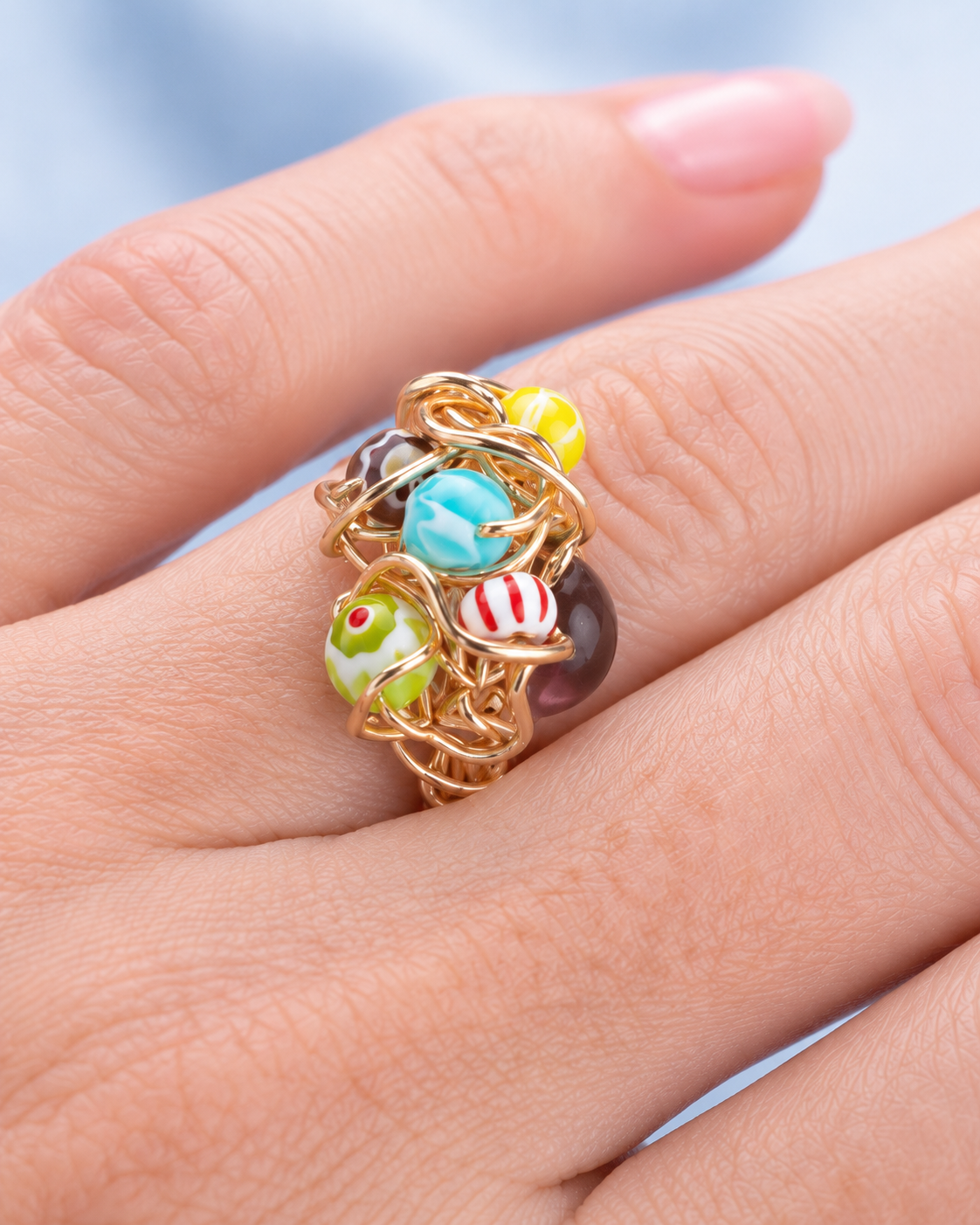 Gold Coloured Wire Ring with Multicolour Beads – Handmade