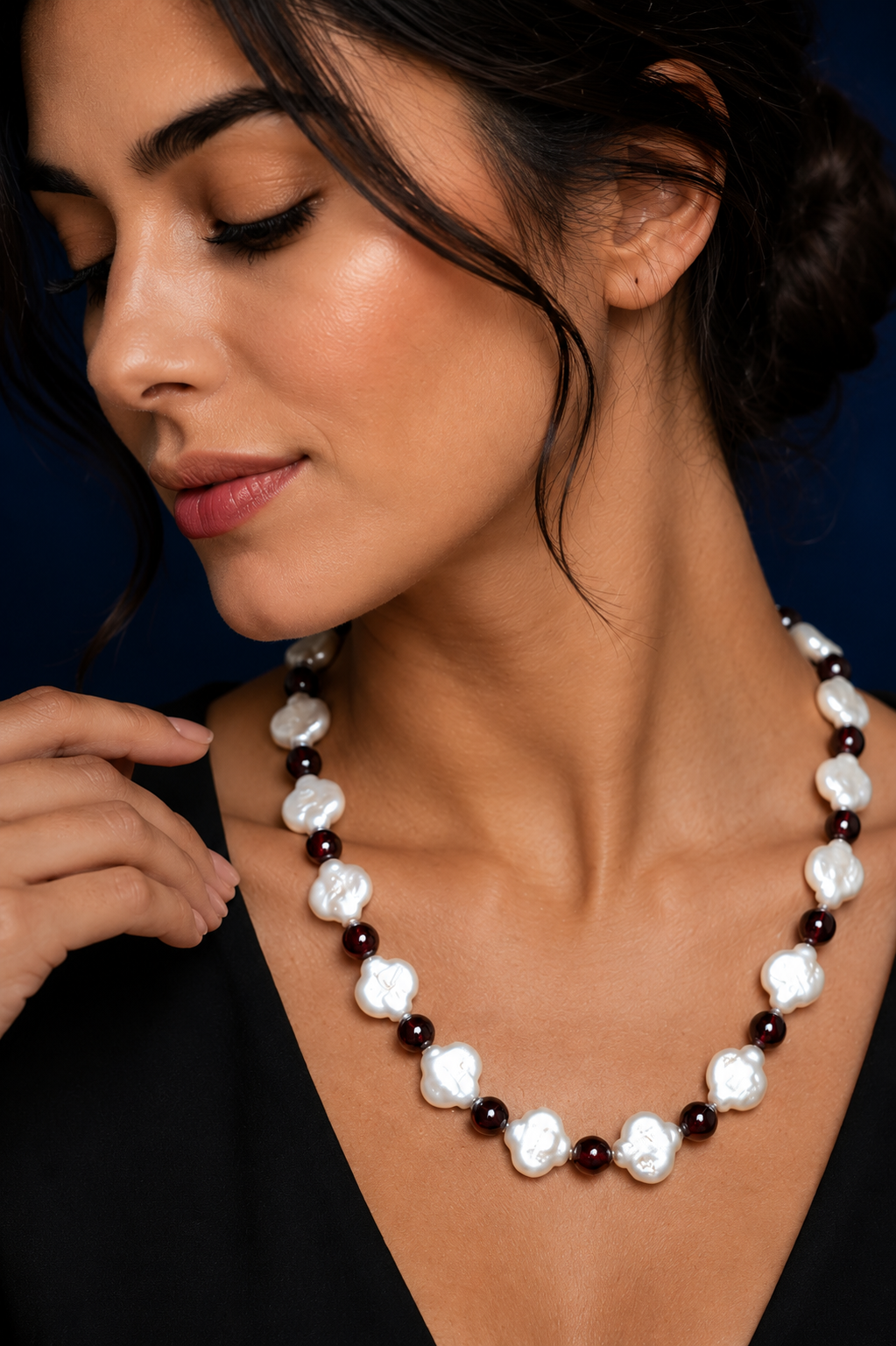 Freshwater Ivory Pearl & Garnet Necklace with Four-Leaf Clover Accent