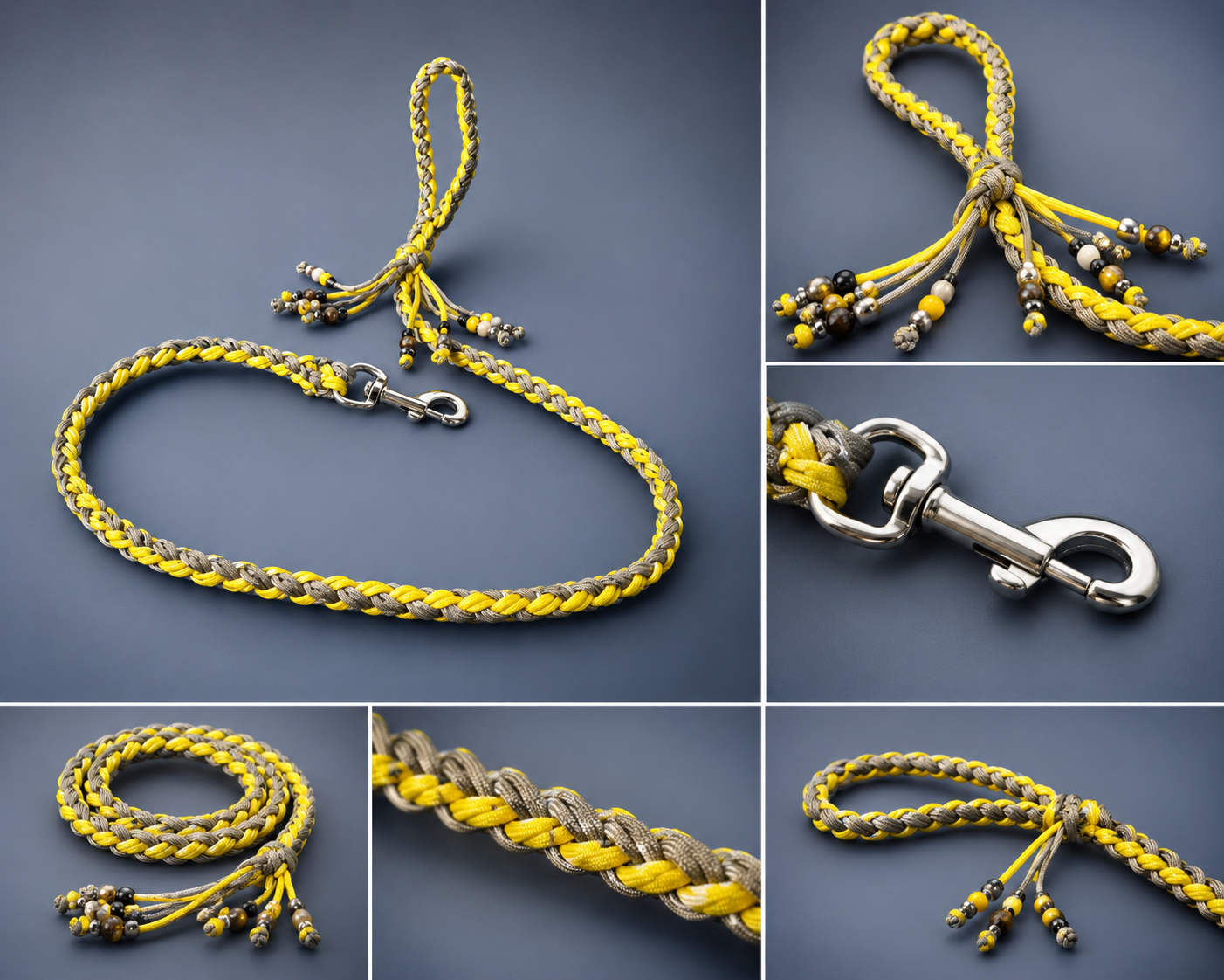 4 Ft Yellow & Khaki Braided Paracord Dog Lead with Calming Beads