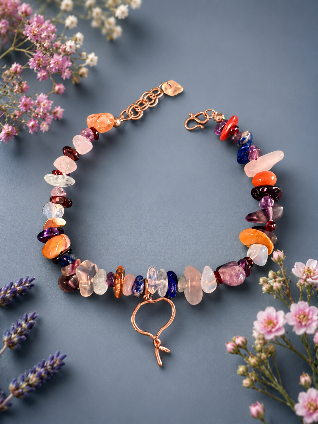 Mixed Gemstone chip Bracelet with Sterling silver charm and findings