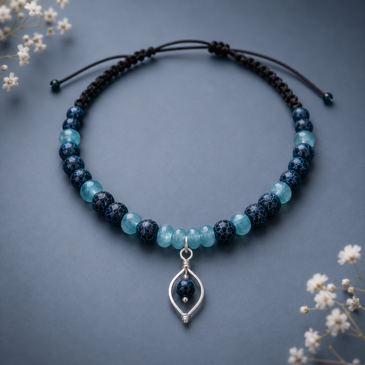 Handmade Sterling Silver & Blue Bead Necklace, Bracelet & Earrings Set