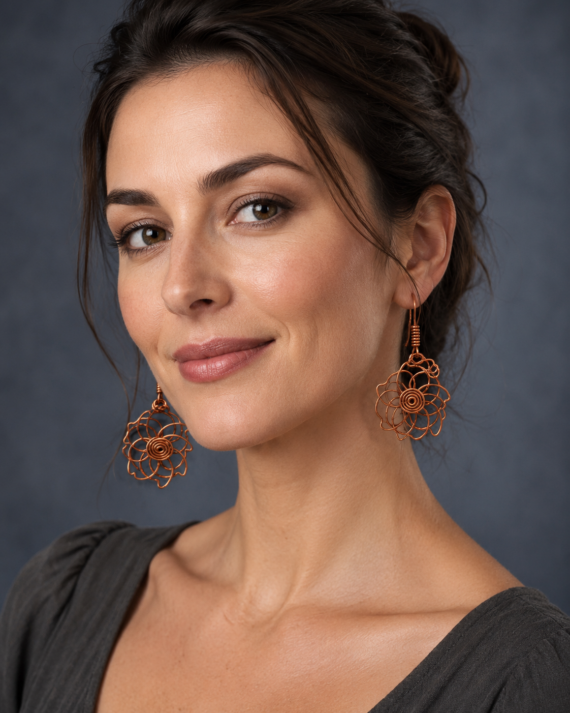 Copper Wire Flower Earrings with Spiral Centre