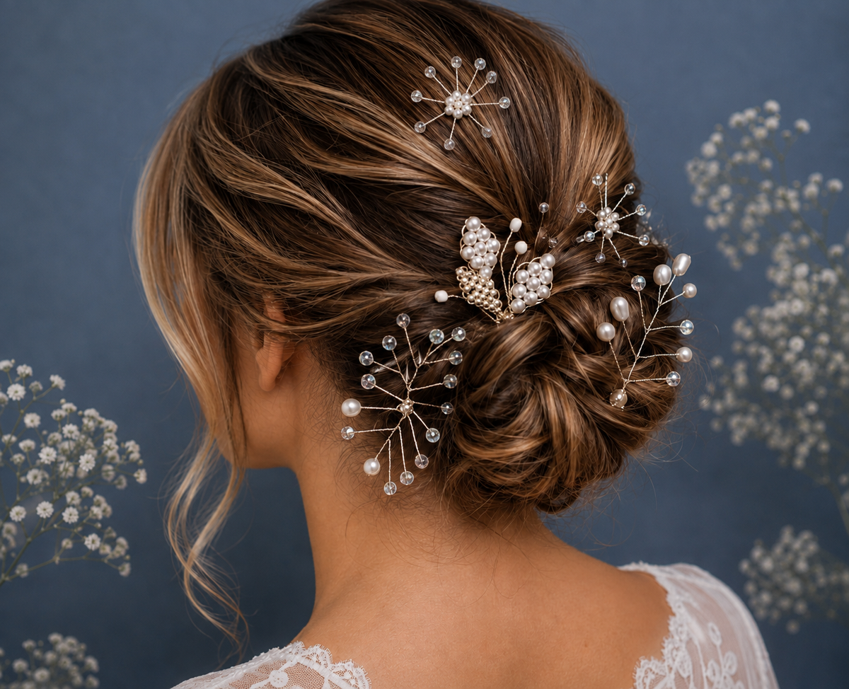 Handcrafted Silver Wire Hair Clips Set - Pearls & Rhinestones