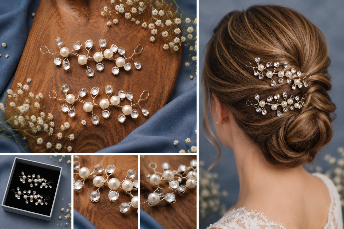 Pearl & Diamanté Wire Branch Hair Clips (Set of 2)