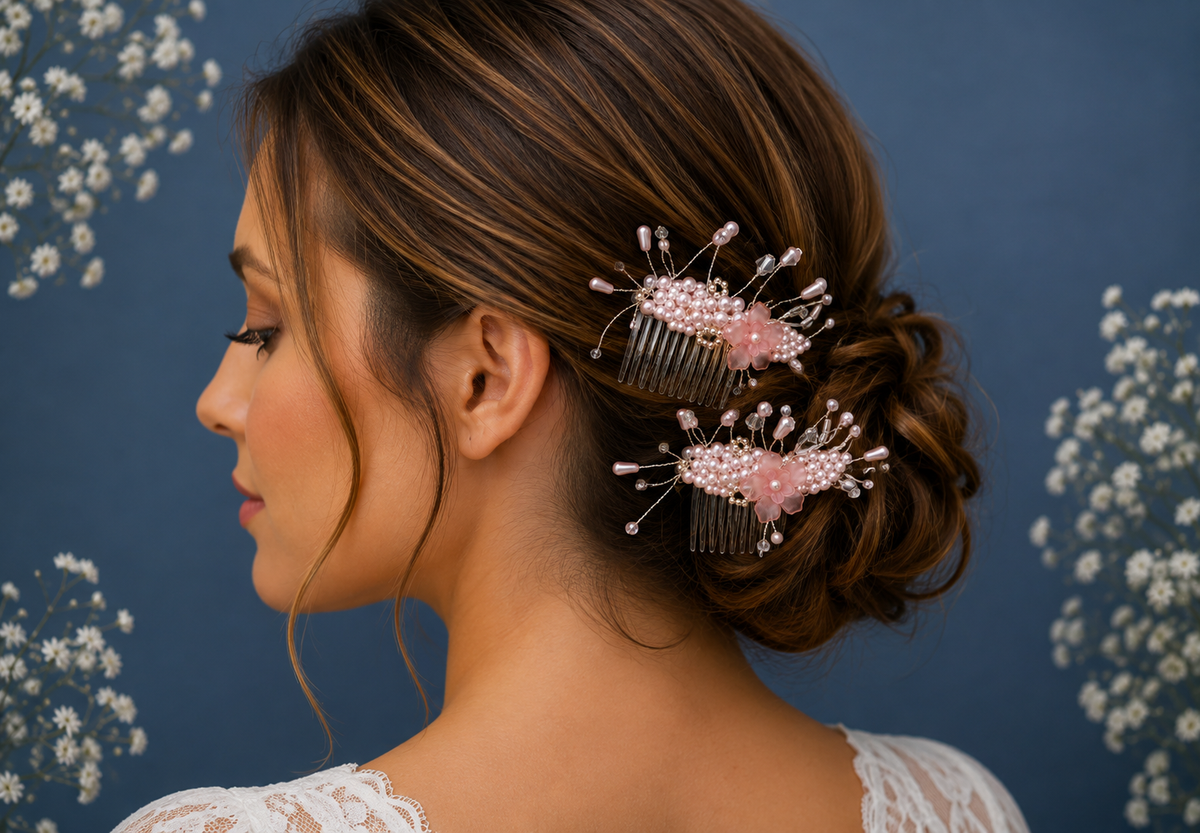 Pink Pearl & Floral Bead Hair Combs