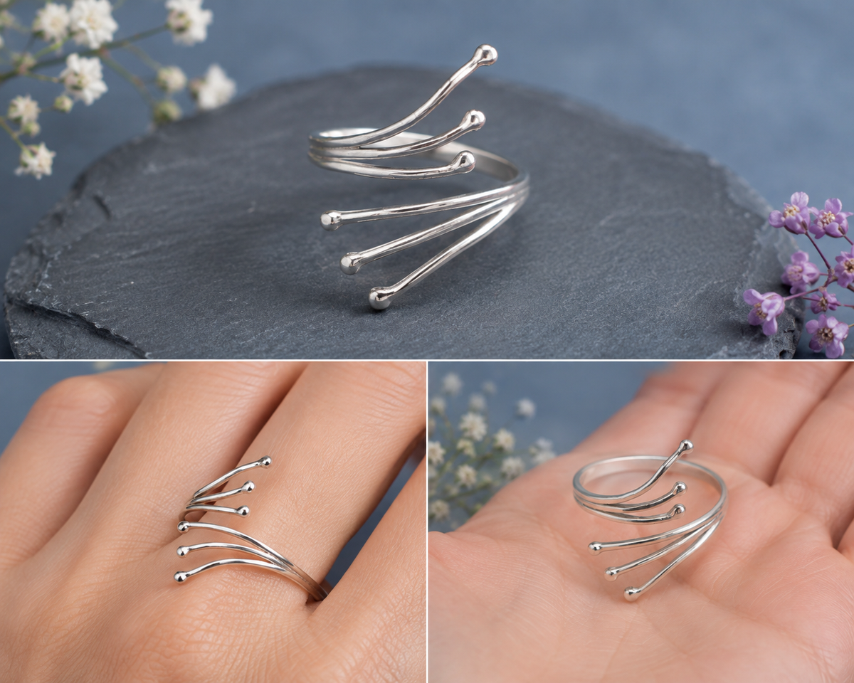 Adjustable Sterling Silver Ring - Three Wires soldered branch effect with Balled Ends