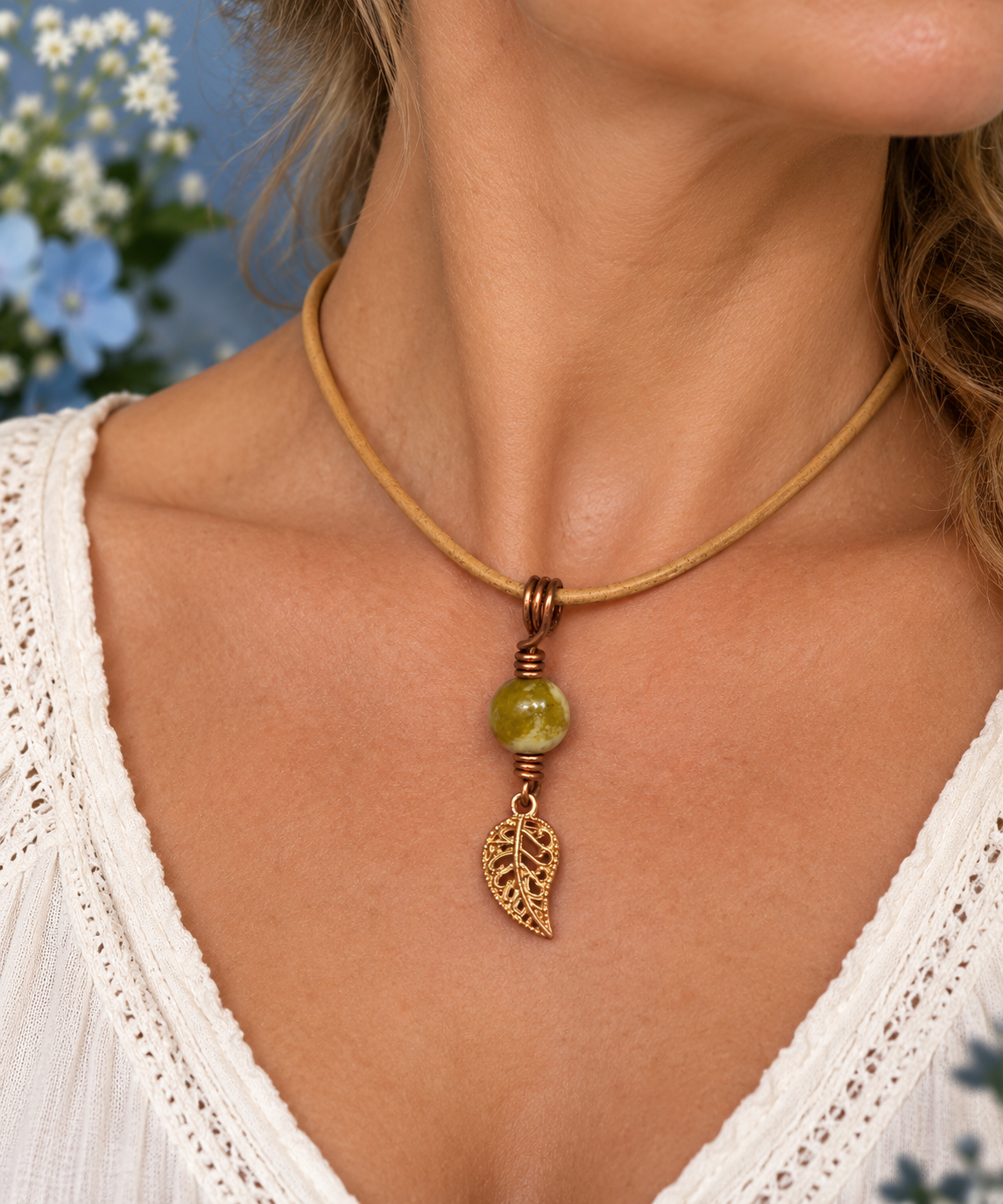 Copper Leaf & Serpentine Gemstone Necklace