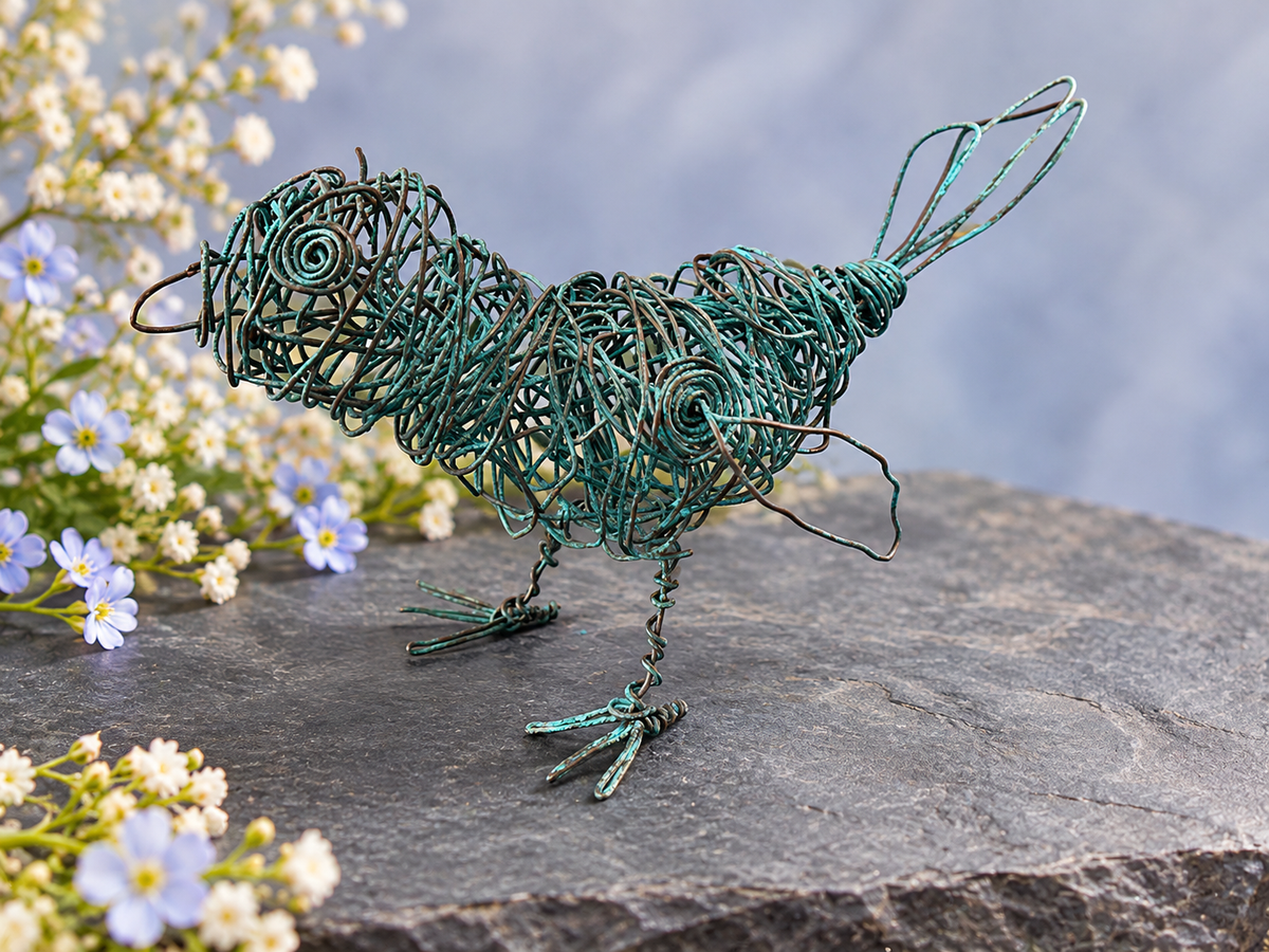 Cheeky Little Copper Wire Wren Sculpture with Blue Patina