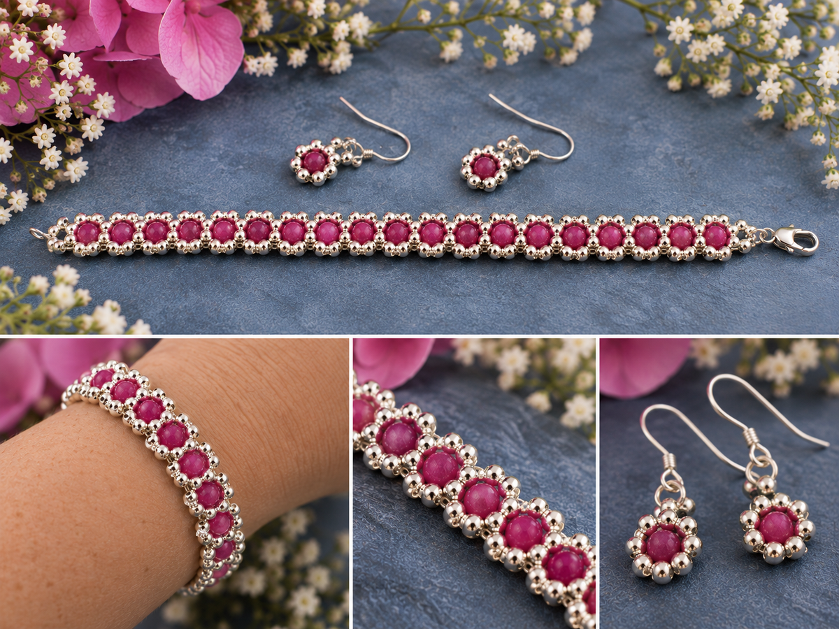 Collage of a fuchsia pink beaded bracelet and matching earrings, showing the full set, bracelet worn and beadwork close-ups.