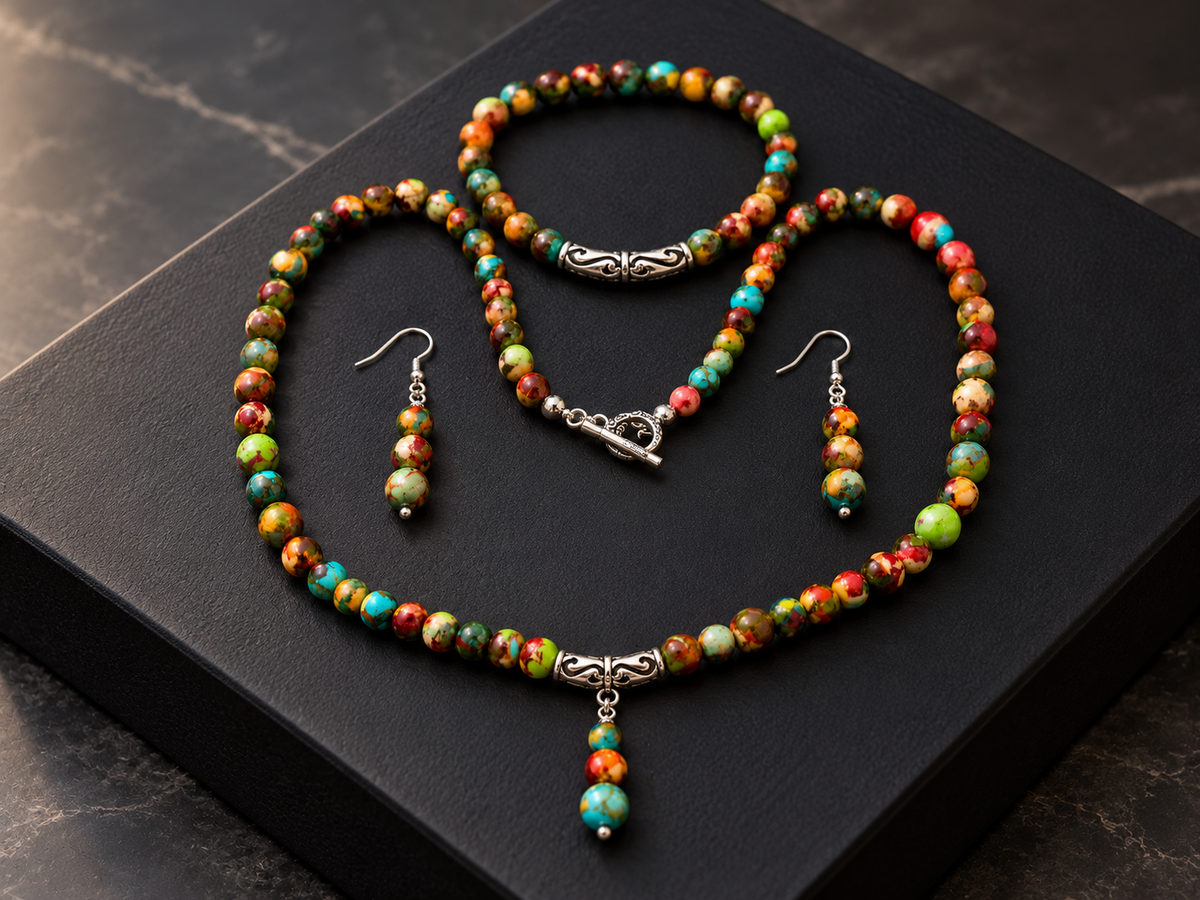 Colourful Sea Sediment Jasper-Style Unisex Beaded Bracelet