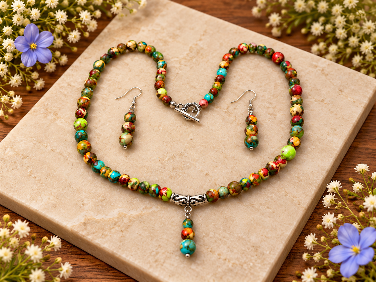 Colourful Sea Sediment Jasper-Style Necklace & Earrings Set