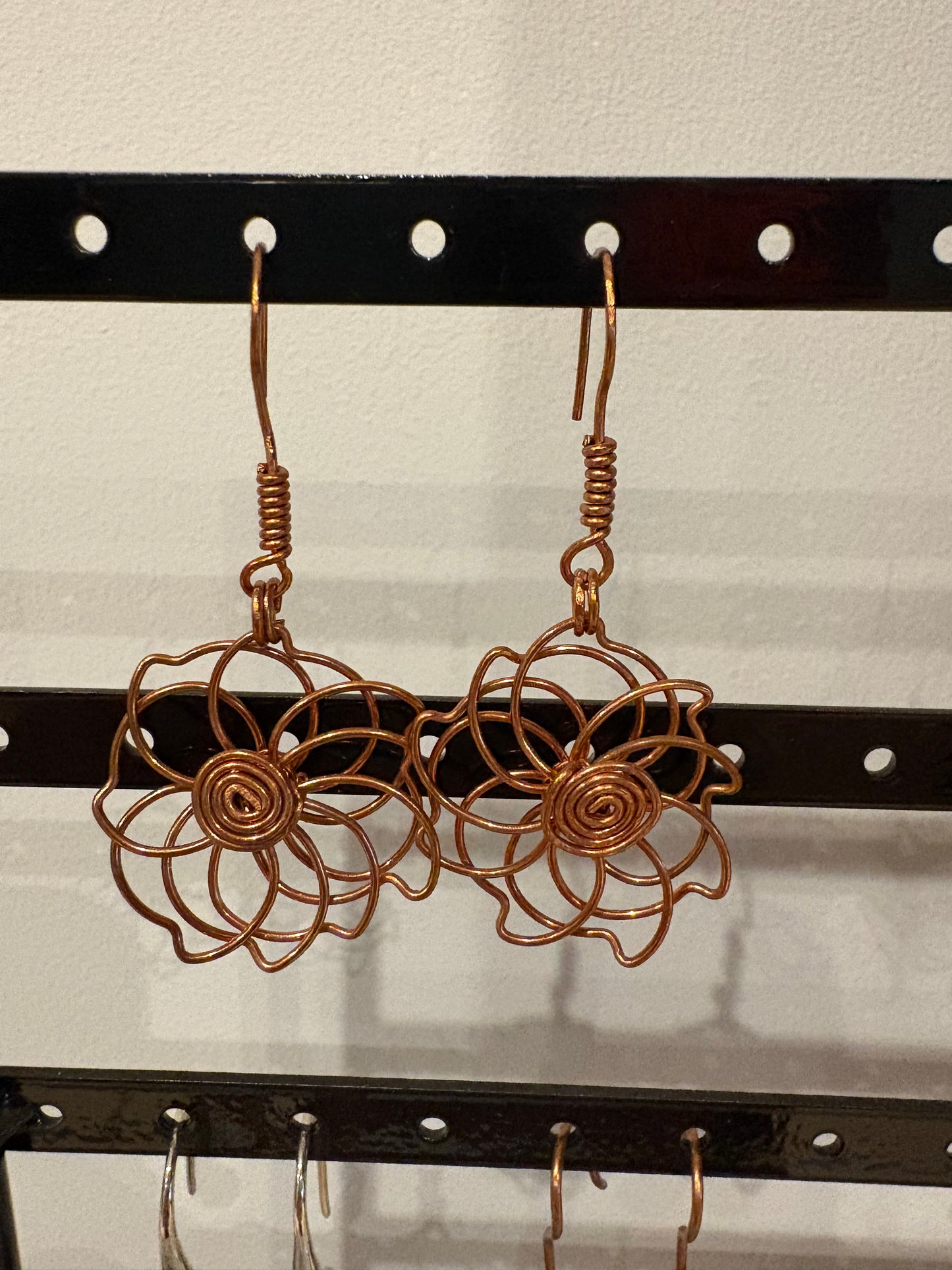 Copper Wire Flower Earrings with Spiral Centre