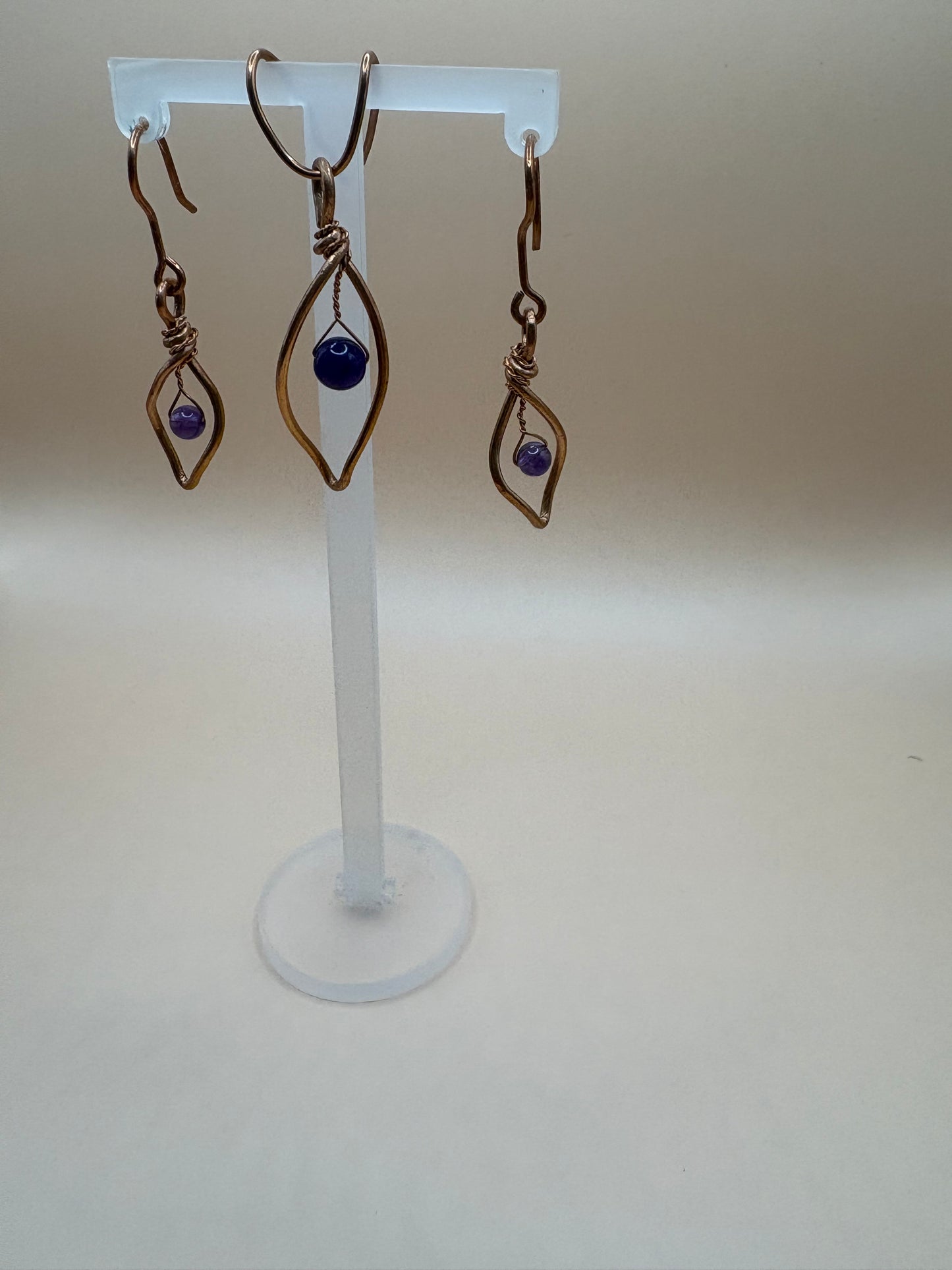 Copper Wire Hand-Crafted Earring & Pendant Set with Small Amethyst Stone