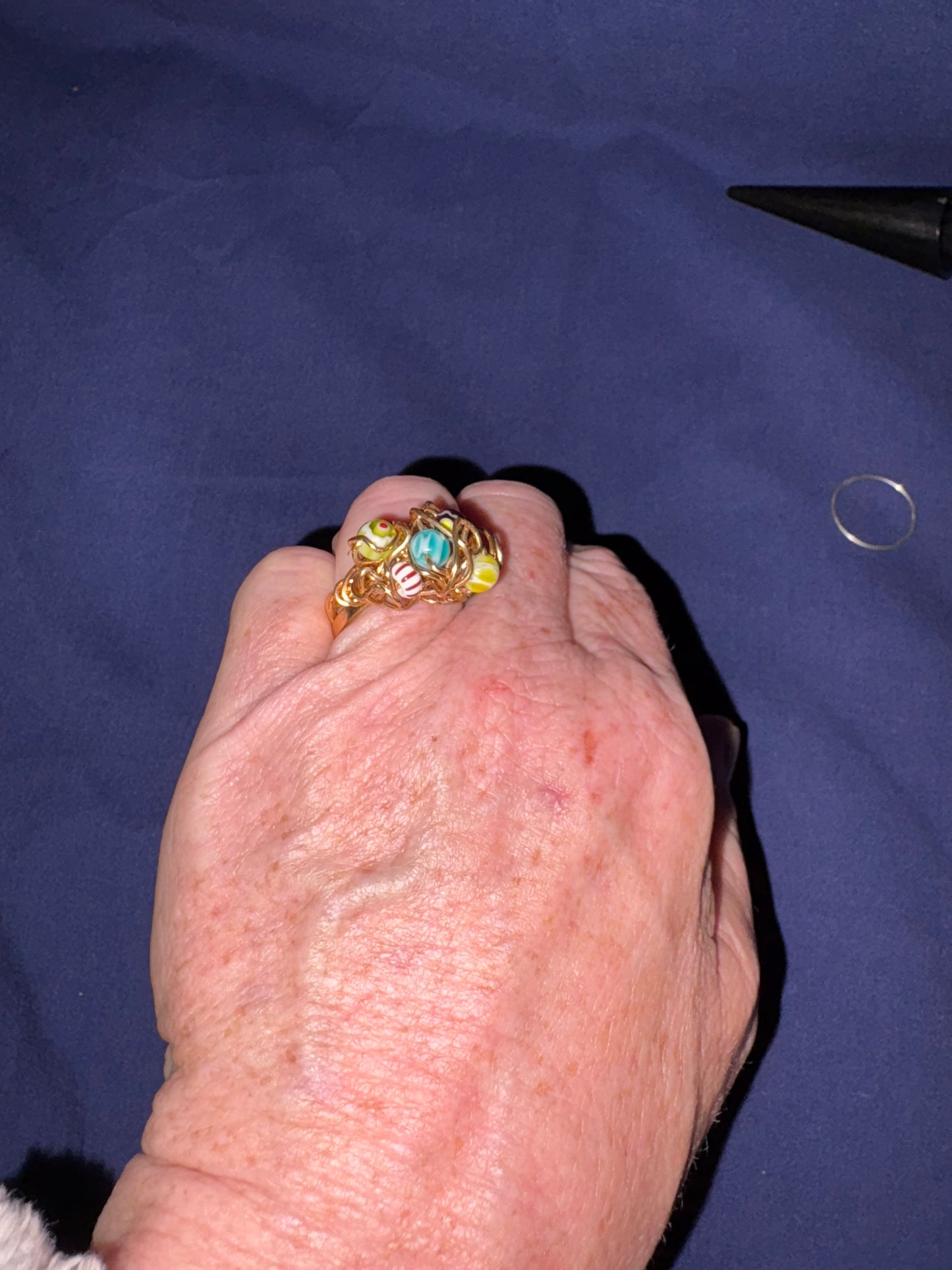 Gold Coloured Wire Ring with Multicolour Beads – Handmade