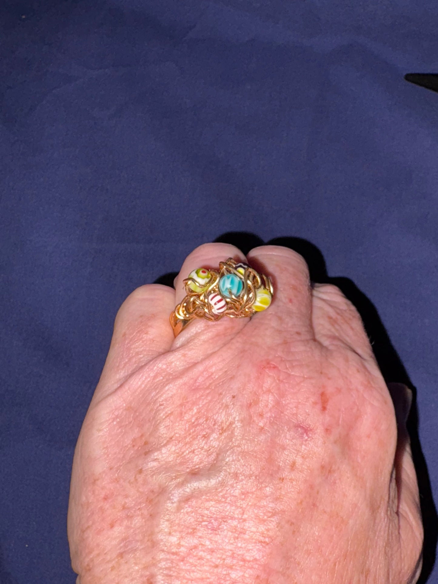 Gold Coloured Wire Ring with Multicolour Beads – Handmade