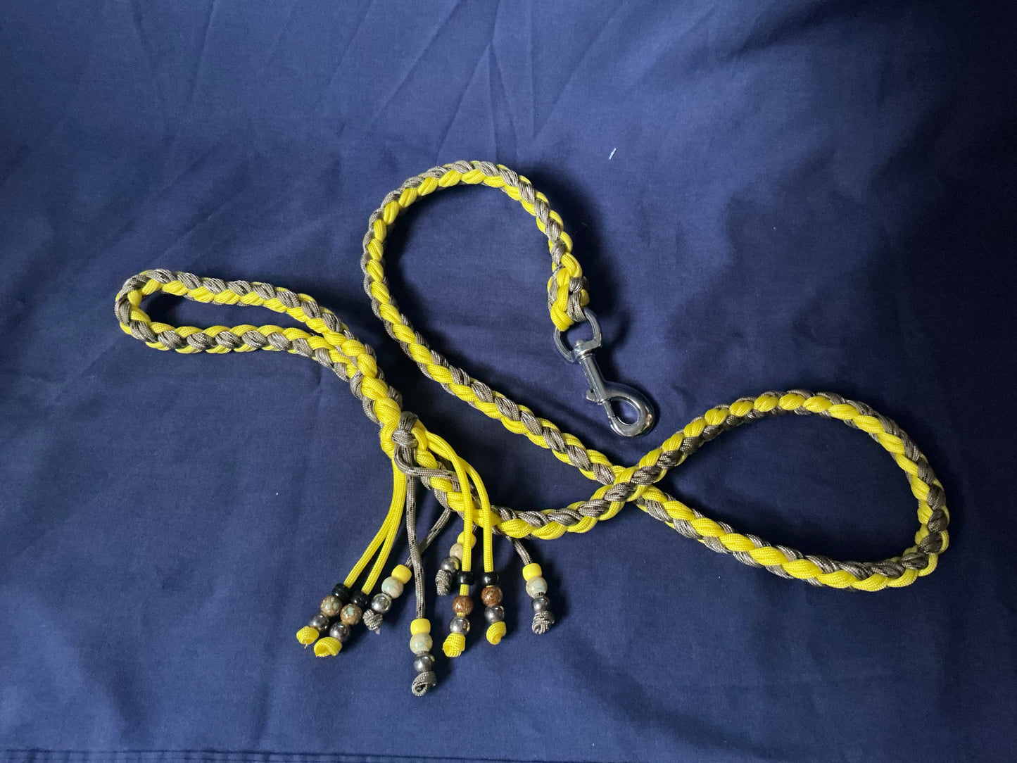 4 Ft large snap hook 8 cord Yellow and khaki Braided Paracord Dog Lead with Calming beads.