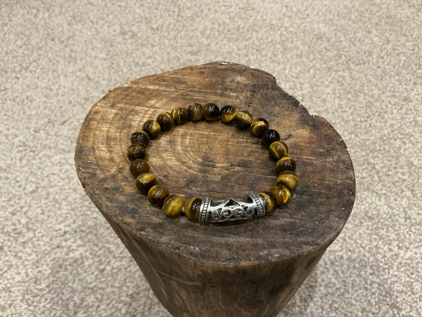 Tiger’s Eye Beaded Bracelet with Ornate Silver Barrel Charm