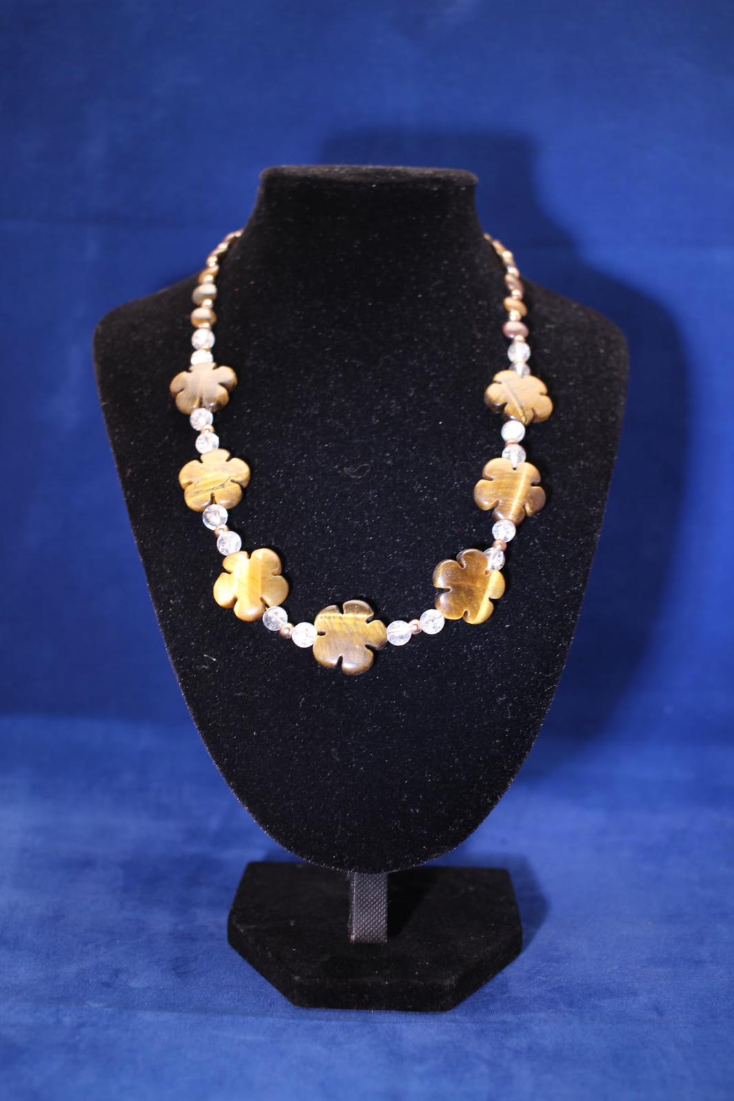 Tiger’s Eye Flowers with clear quartz Gemstone Necklace – Handmade Jewellery