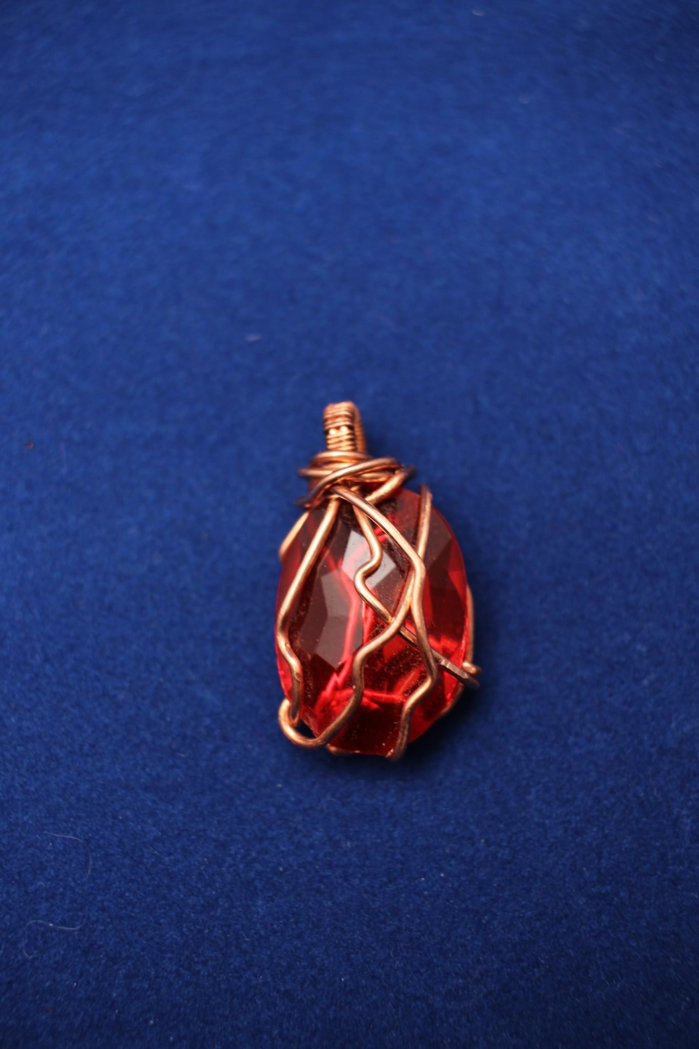 Handmade Red Crystal Pendant Wrapped in Copper Wire