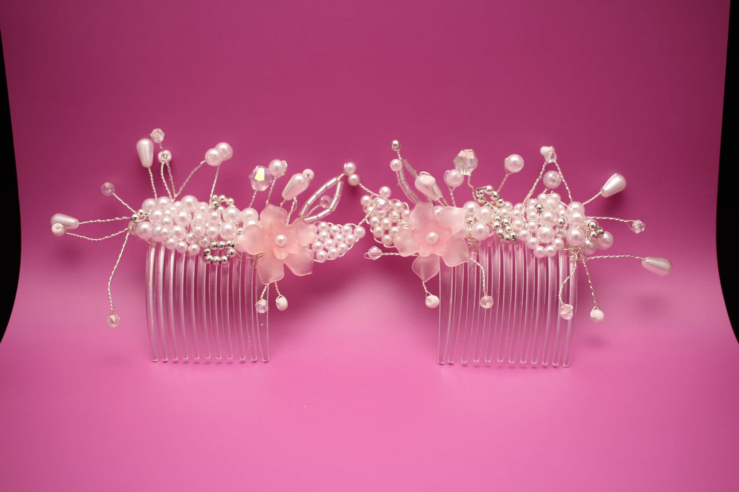 Elegant Hair Comb with Pearls, Pink Flowers & Silver Beads - Wedding & Prom