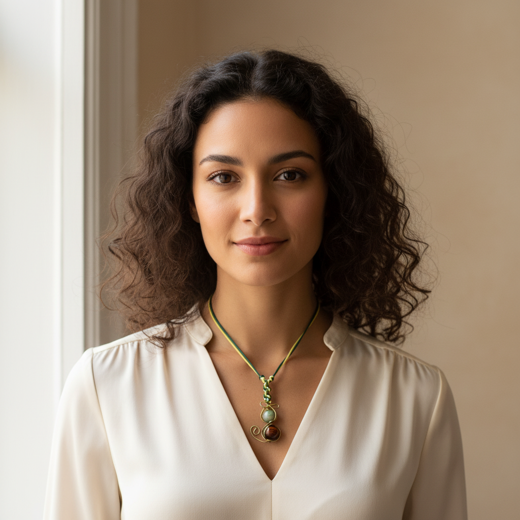 Handcrafted cat-shaped wire art pendant with Tiger's Eye gemstones worn in a frontal pose, lifestyle photography