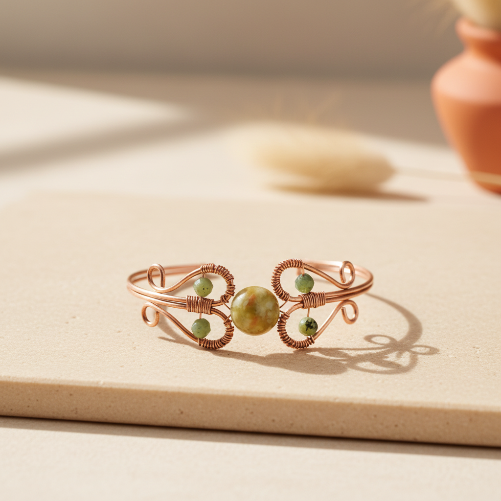 Handcrafted serpentine and copper wire bangle, bright airy editorial photography