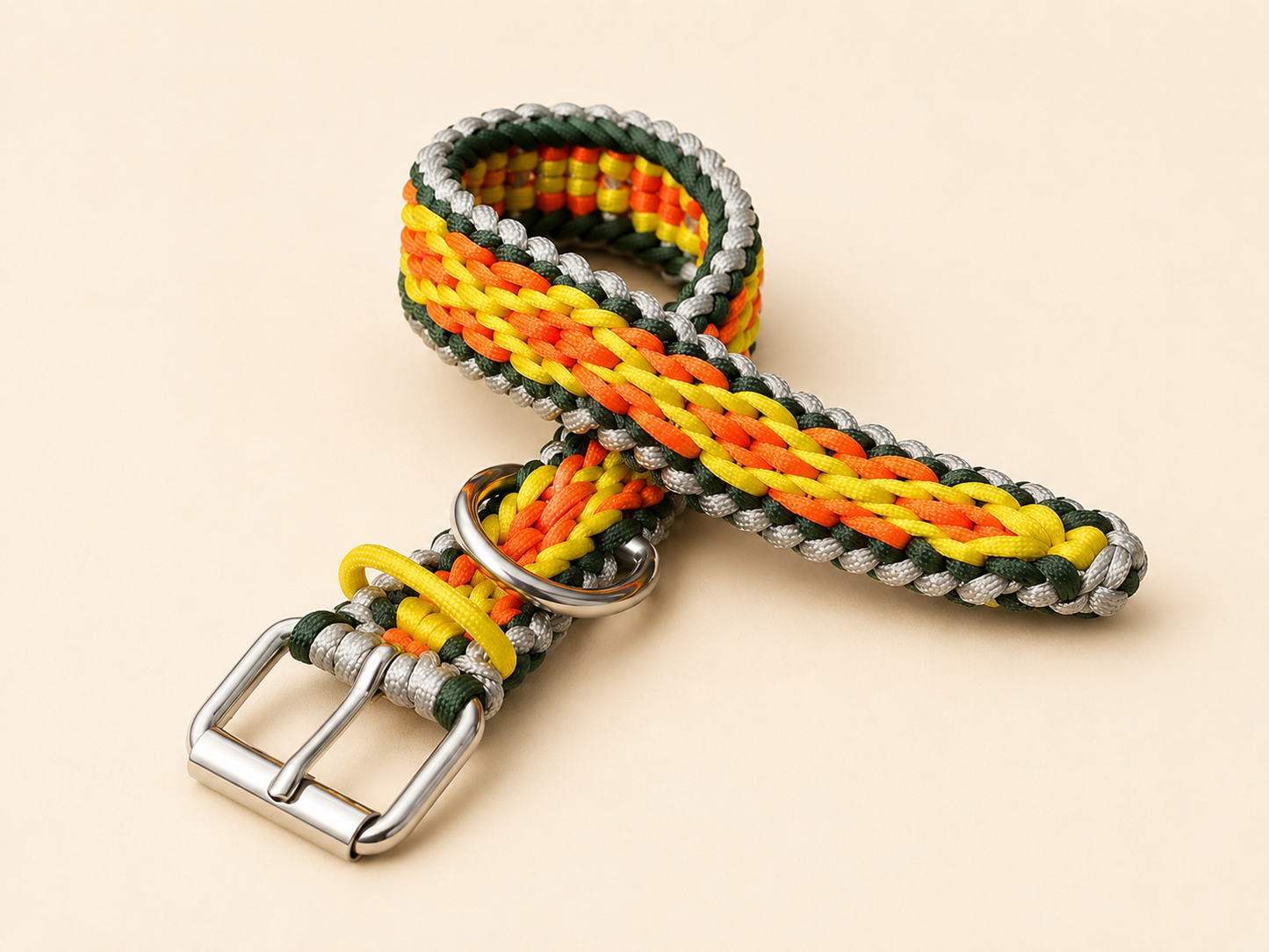 Wide Diamond Pattern Orange, Yellow, Cream & Green Braided Paracord Dog Collar