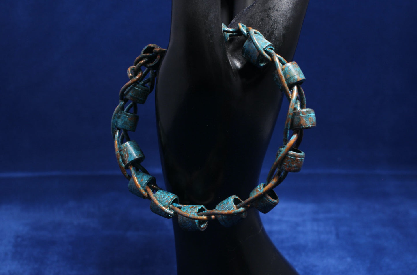 unusual Copper Wire Braided Bangle with Tubular Links - Blue Patina & Lacquered