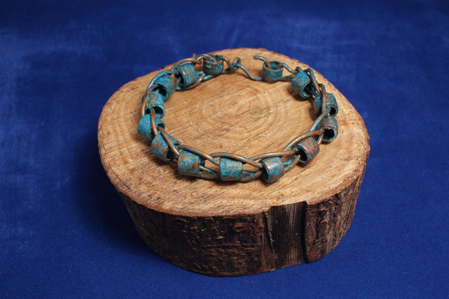 unusual Copper Wire Braided Bangle with Tubular Links - Blue Patina & Lacquered