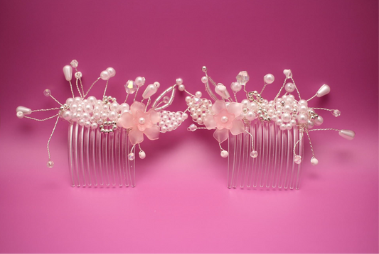 Pink Pearl Floral Bead Hair Combs – Handmade Bridal Accessories