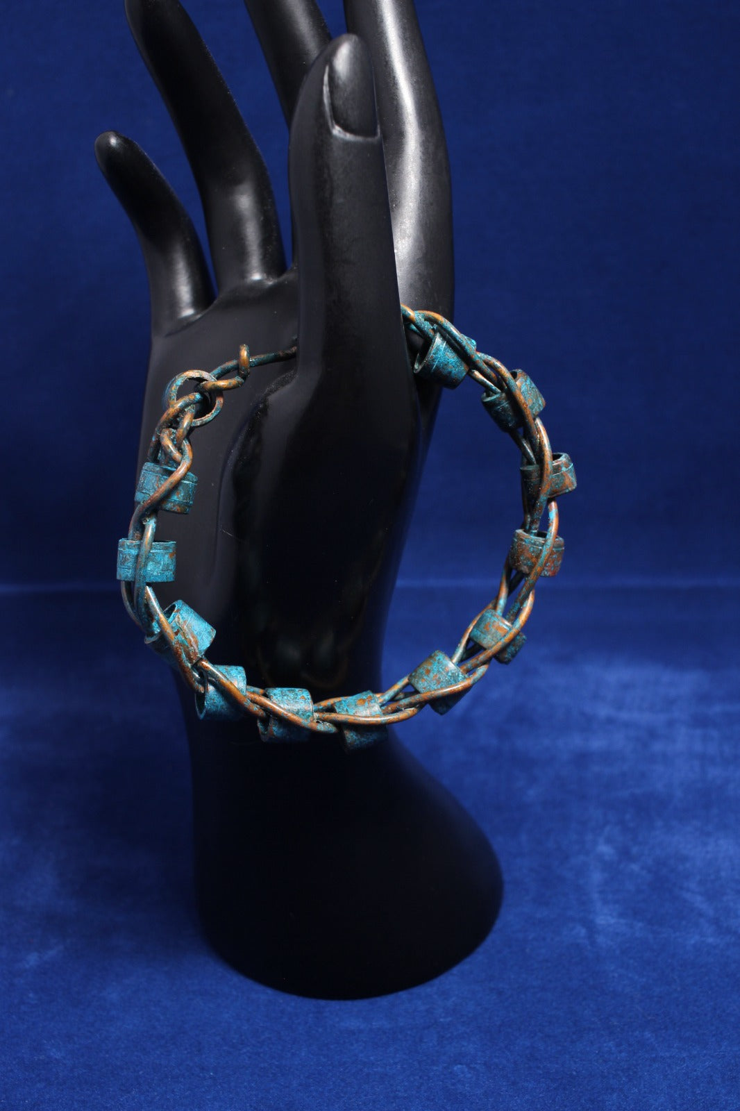 unusual Copper Wire Braided Bangle with Tubular Links - Blue Patina & Lacquered