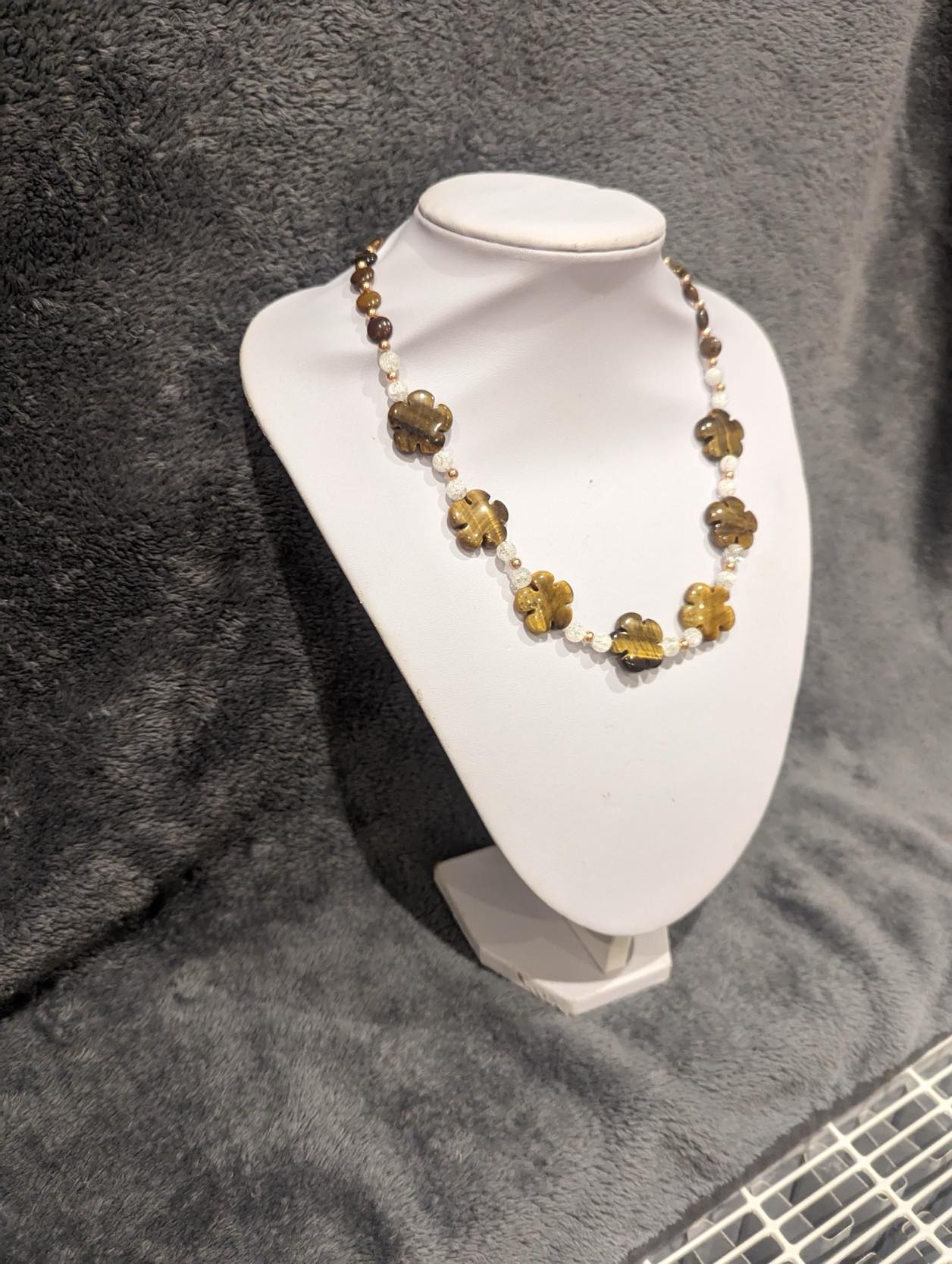 Tiger’s Eye Flowers with clear quartz Gemstone Necklace – Handmade Jewellery