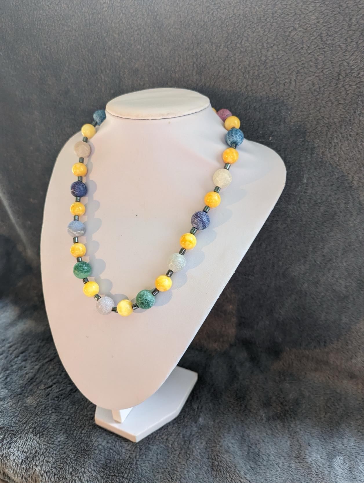 Multi-Gemstone Beaded Necklace with Snakeskin Agate ,Rose Quartz, Yellow Calcite, and Aventurine – Handmade