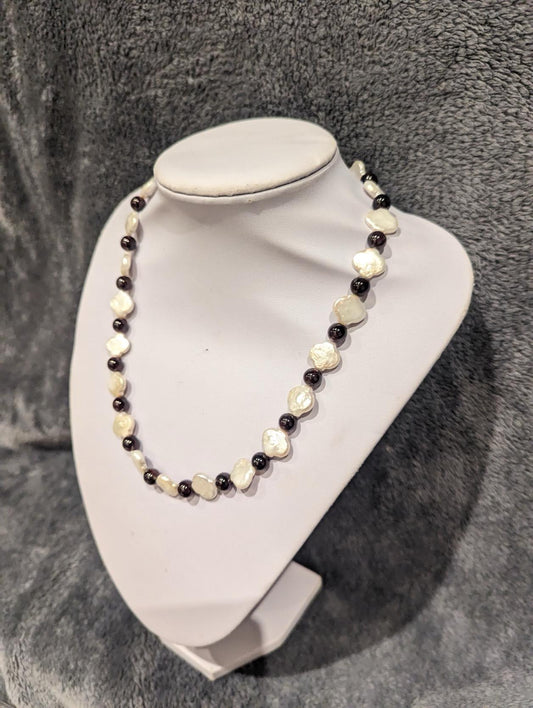 19.5" Pearls & Garnet Gemstones Necklace with sterling silver– clasp Elegant Jewellery