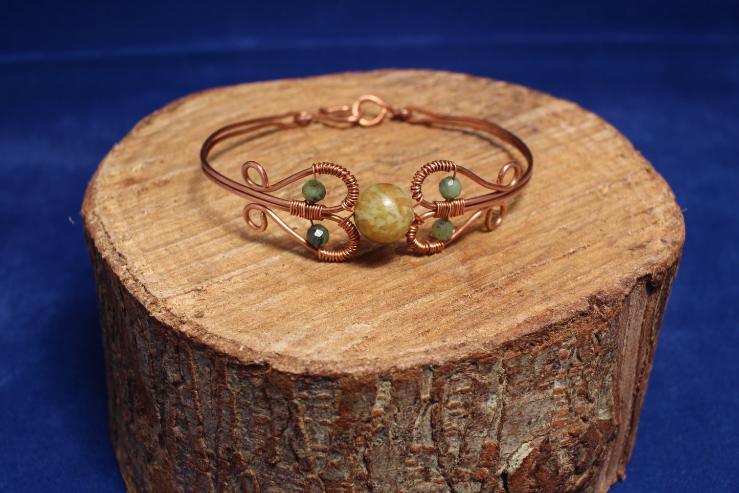 Serpentine Gemstone Bangle - 10mm Stone with Copper Wire 6.5"