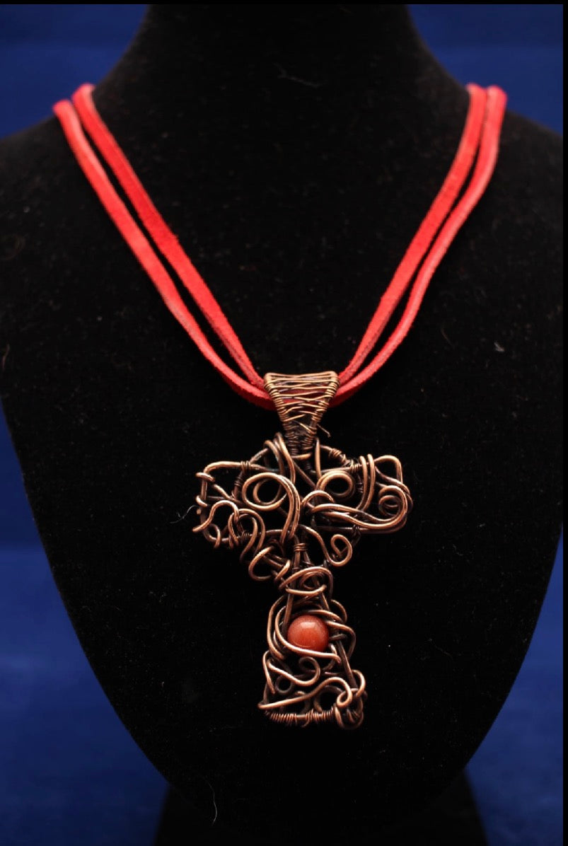 Antique Patinated Copper Wire Wrapped Cross Pendant with Carnelian