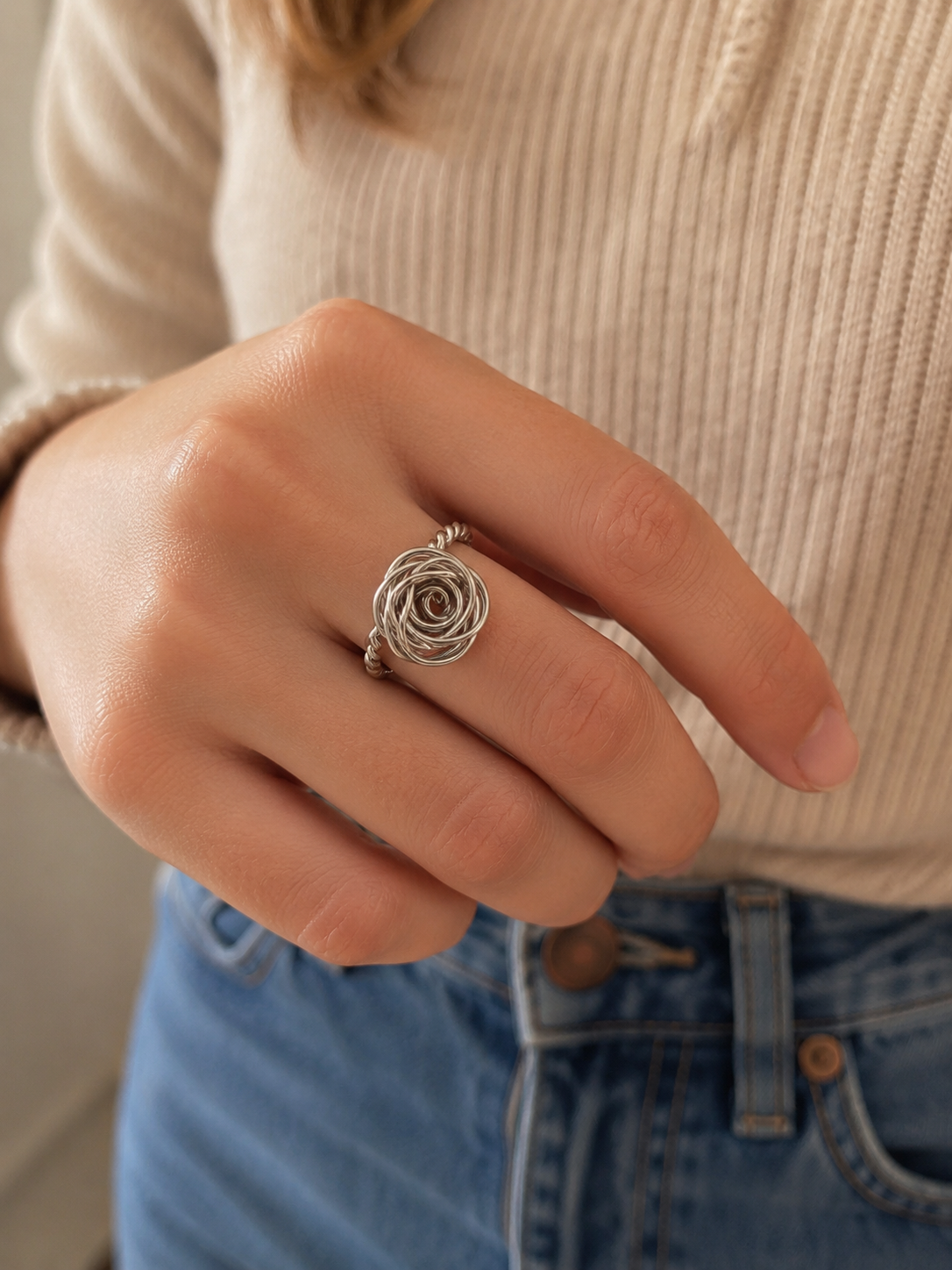 Handmade Sterling Silver Wire Rose Ring size N