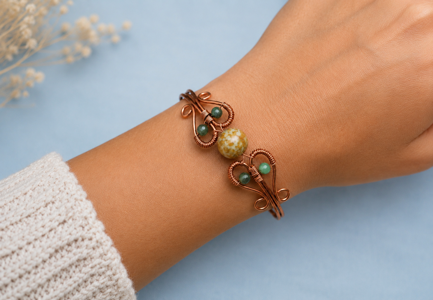 Copper and Serpentine Gemstone Bracelet