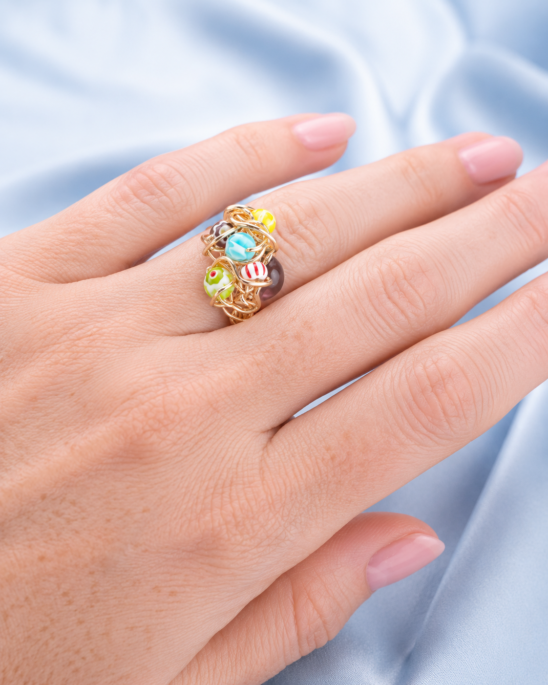 Gold Coloured Wire Ring with Multicolour Beads – Handmade