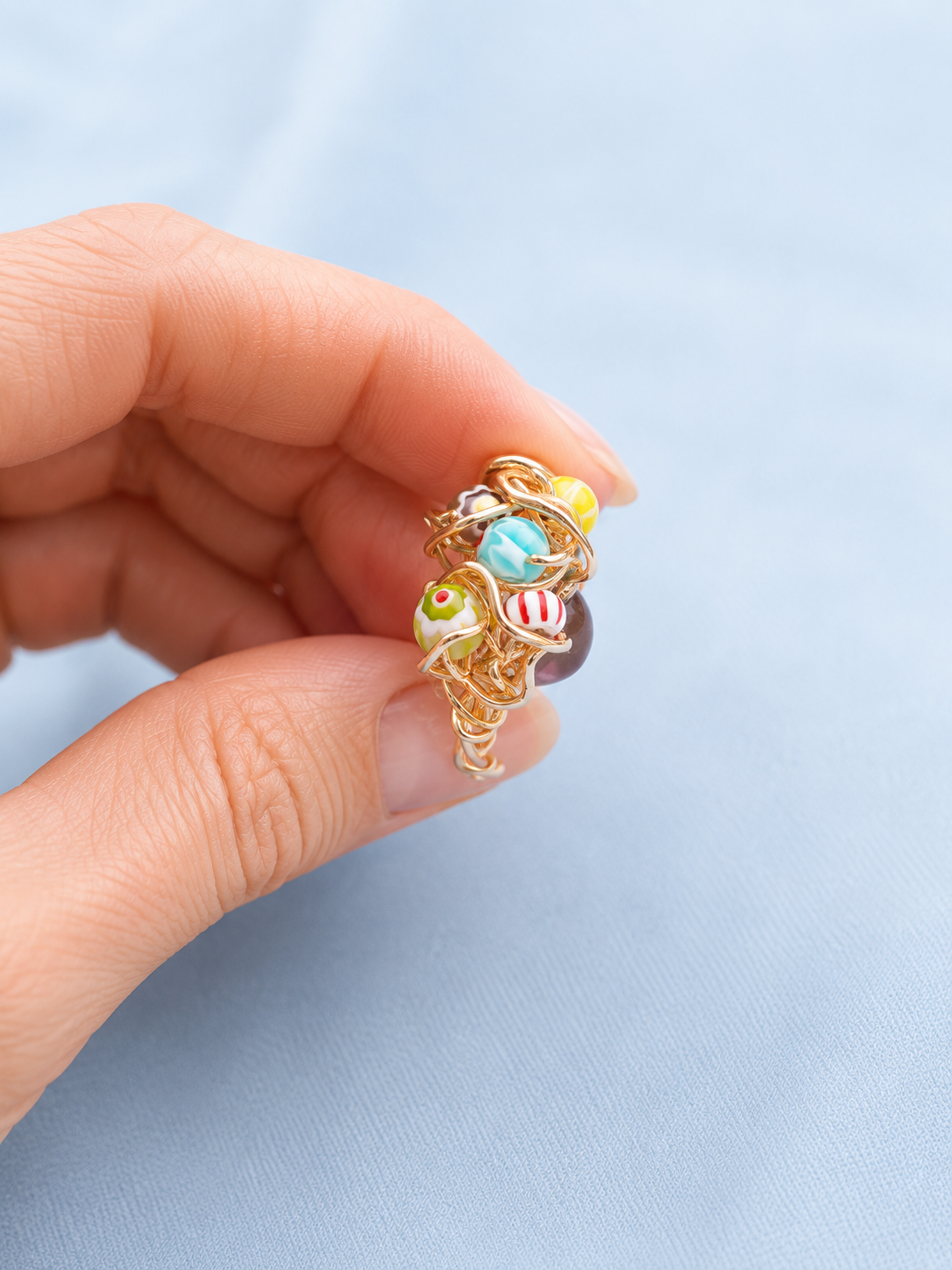 Gold Coloured Wire Ring with Multicolour Beads – Handmade