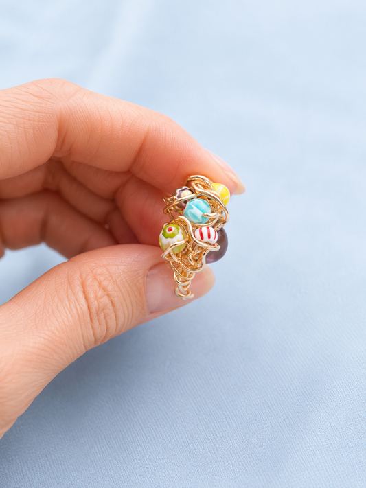 Gold Coloured Wire Ring with Multicolour Beads – Handmade