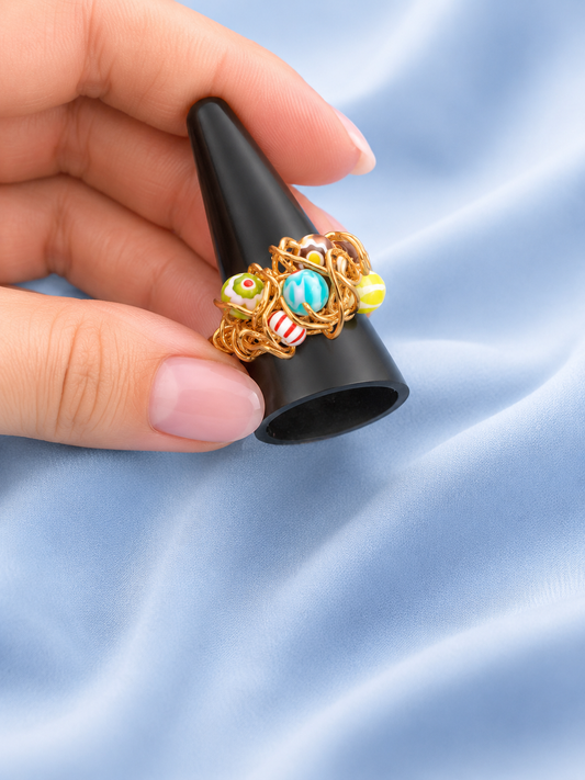 Gold Coloured Wire Ring with Multicolour Beads – Handmade