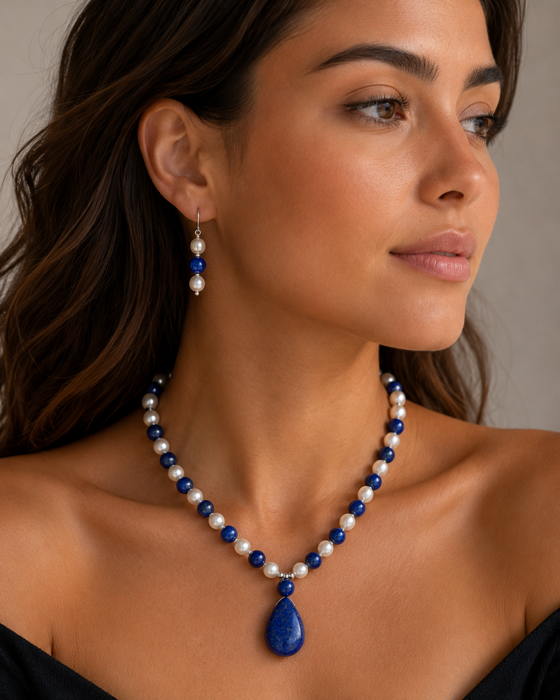 Lapis Lazuli & Freshwater Pearl Necklace with Sterling Silver Teardrop Pendant