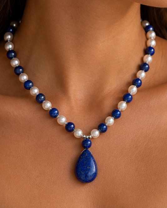 Lapis Lazuli & Freshwater Pearl Necklace with Sterling Silver Teardrop Pendant