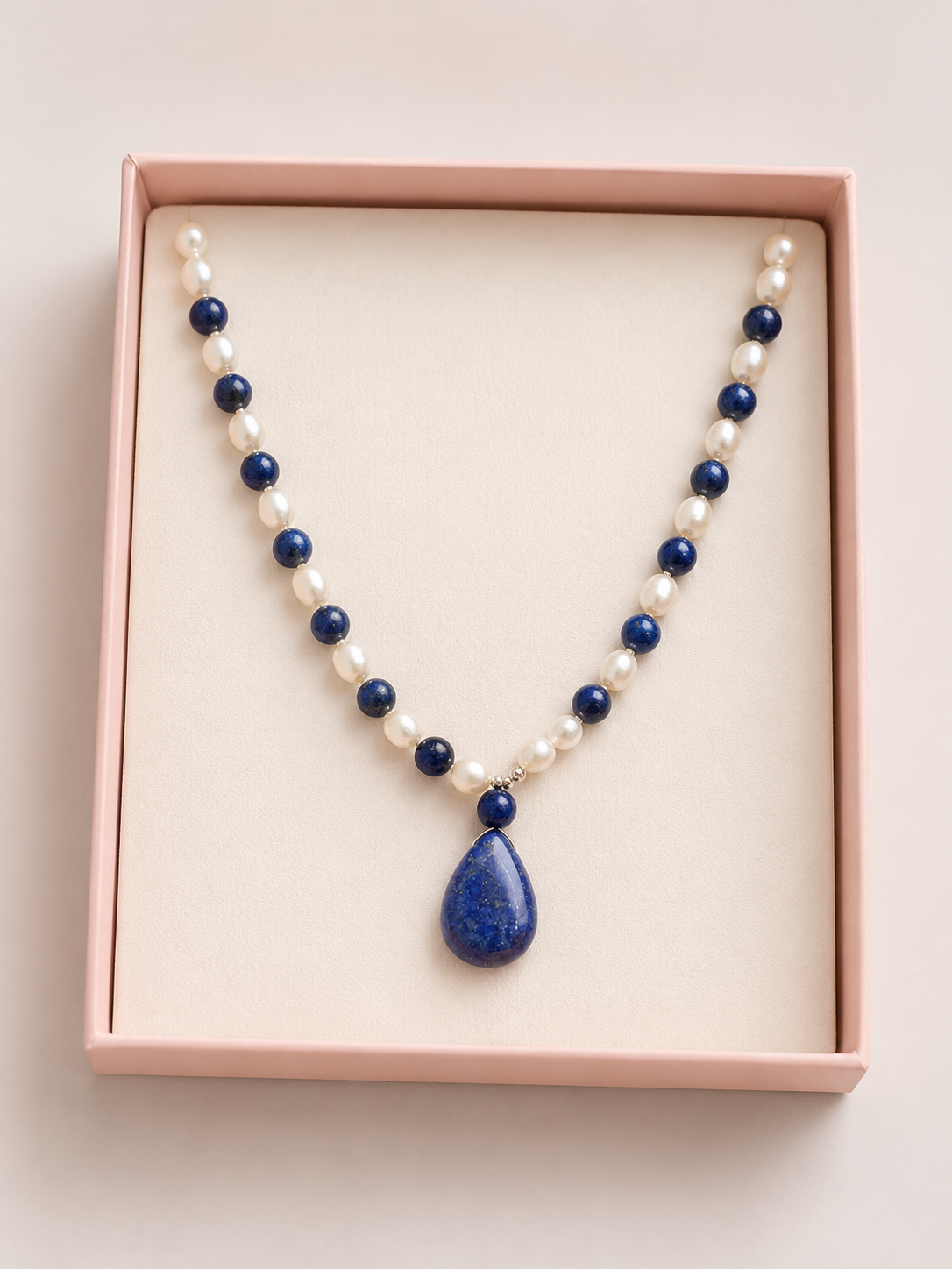 Lapis Lazuli & Freshwater Pearl Necklace with Sterling Silver Teardrop Pendant