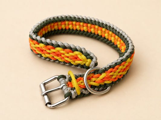 Wide Diamond Pattern Orange, Yellow, Cream & Green Braided Paracord Dog Collar