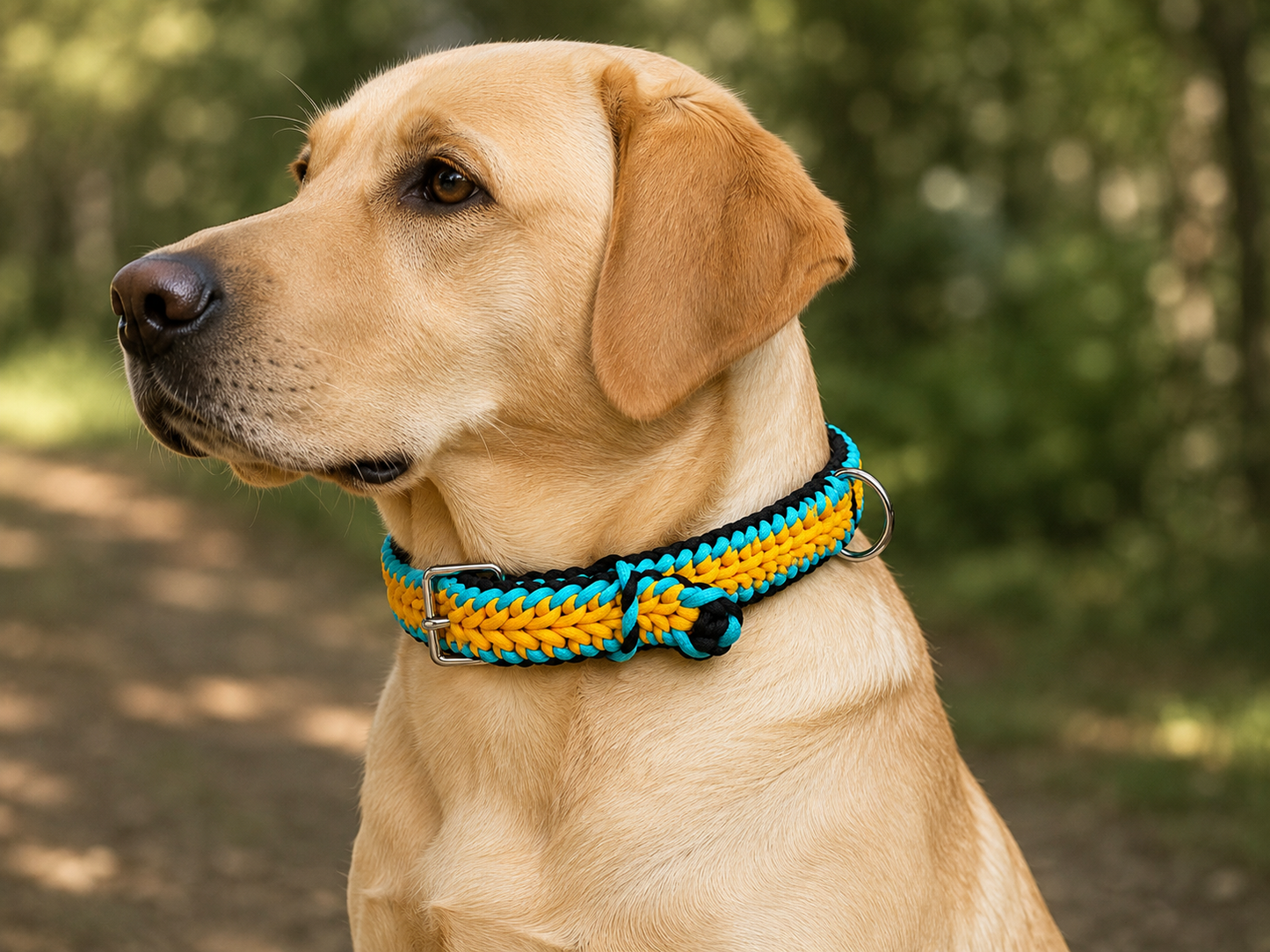 1.2” Wide 20” long Orange, Black & Blue Braided Paracord Dog Collar