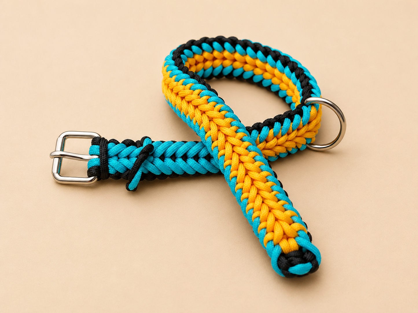 1.2” Wide 20” long Orange, Black & Blue Braided Paracord Dog Collar